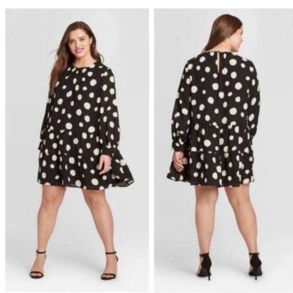Who What Wear Black and White Midi Dress with Long Bishop Sleeves and Crew Neck